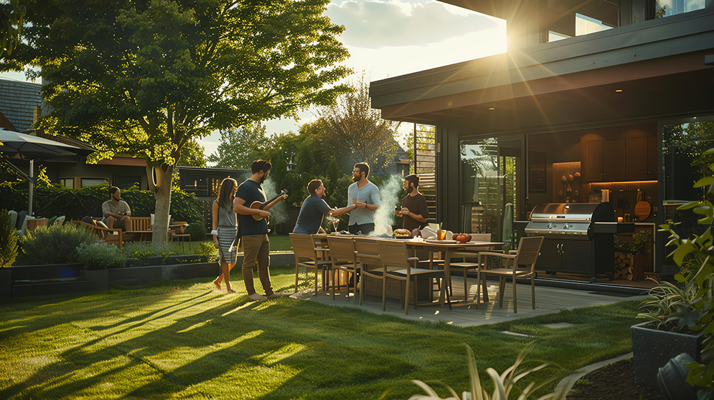 Friends Gather Around Fire Pit Modern Backyard Enjoying Sunny Afternoon Friends Gather Around Fire Pit Modern Backyard Enjoying Sunny Afternoon