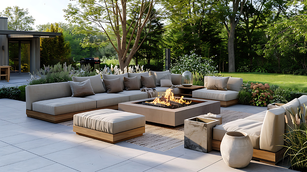 Modern Outdoor Living Space With Large Sectional Sofa Fire Pit Lush Landscaping Perfect Place Relax Entertain Guests Modern Outdoor Living Space With Large Sectional Sofa Fire Pit Lush Landscaping Perfect Place Relax Entertain Guests